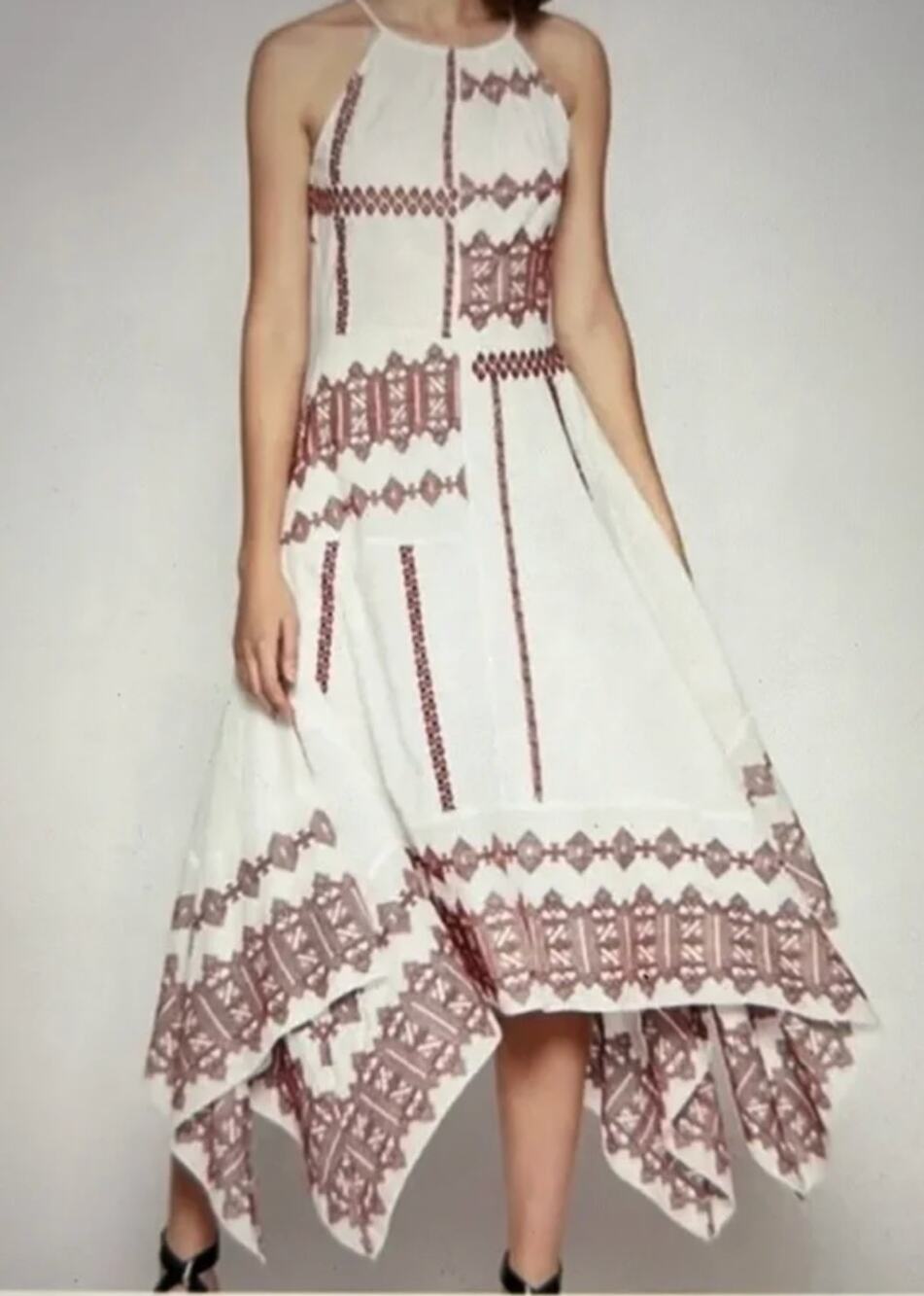 Joie Anthropologie White Cotton Embroidered Handkerchief Hem Midi Dress Size 12